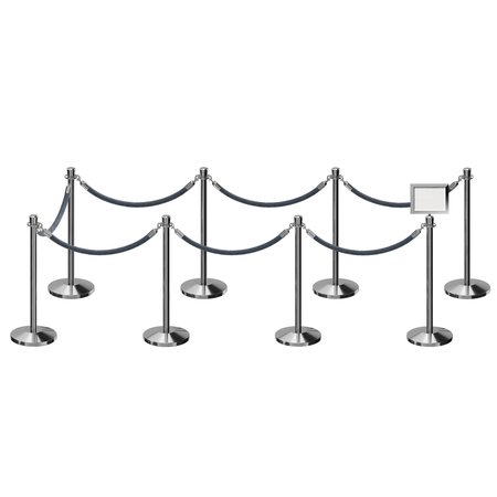 MONTOUR LINE Stanchion Post & Rope Kit Pol.Steel, 8CrownTop 7Gray Rope 8.5x11H Sign C-Kit-7-PS-CN-1-Tapped-1-8511-H-7-PVR-GY-PS